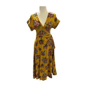 Matilda Jane Alana Wrap Maxi Dress XS Mustard Yellow Floral Cap Sleeve Pockets